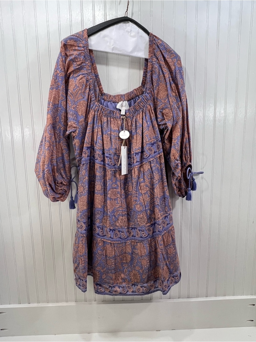 Cleobella NWT Organic Cotton Block Print Boho Peasant Mini Dress L Tassel